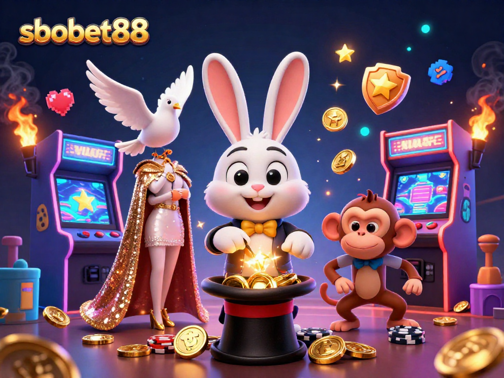 SBOBET88 showcases thrilling casino fantasy with a magician rabbit, assistant dove, and monkey, celebrating wins.