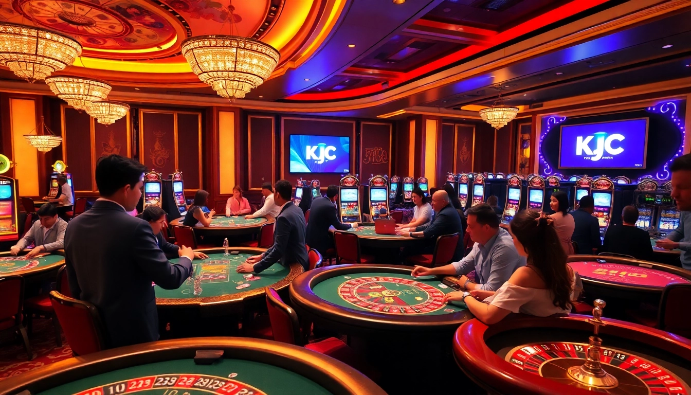 KJC casino players enjoying a thrilling game experience with luxurious tables and vibrant atmosphere.