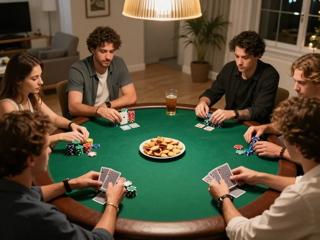 NET88 home poker game with friends enjoying strategies and snacks around a green felt table.