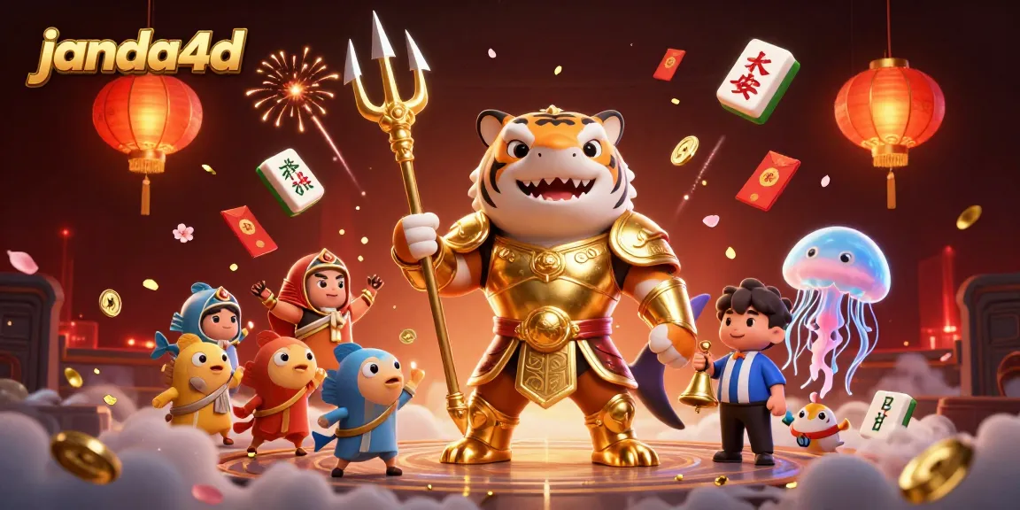 Janda4d menghadirkan suasana hiburan digital dengan karakter hiu kartun berperang golden gladiator, dalam arena koloseum bawah laut.