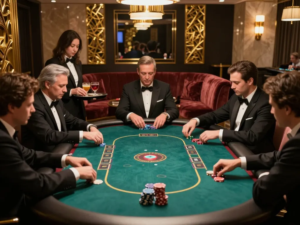 Engaged players strategizing in a luxurious VIP poker room during an intense match, showcasing 88pulsa alternatif.