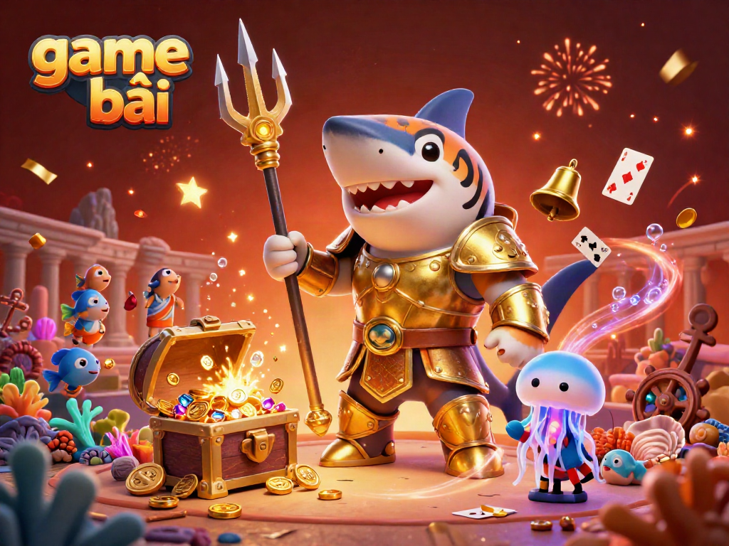Experience exciting game bài action with a cartoon tiger shark and vibrant underwater elements in a festive scene.