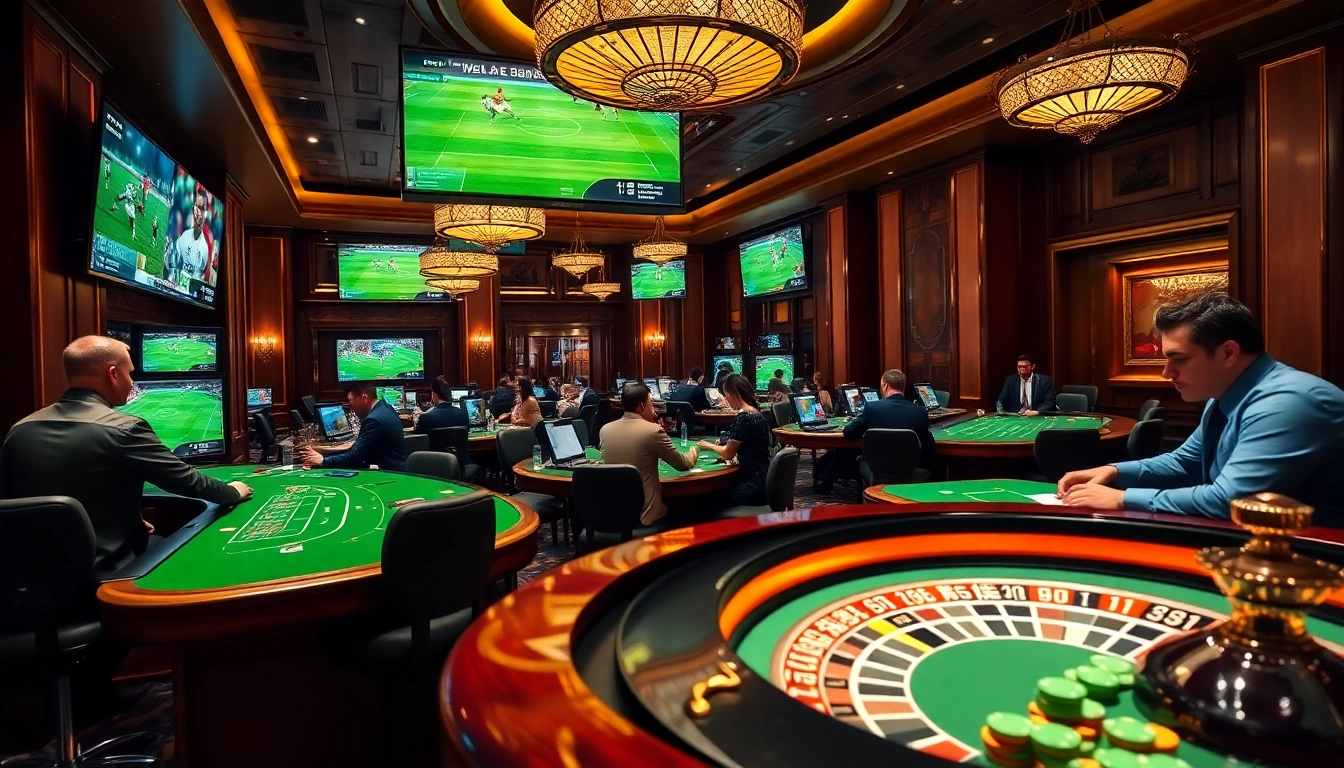 Experience the thrill of แทงบอล in a luxurious casino setting with enthusiastic gamblers and live match displays.