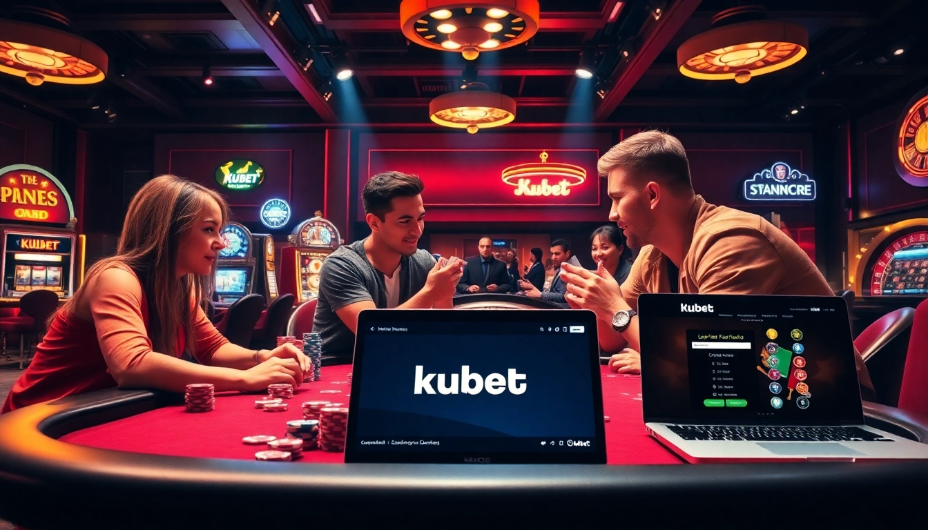 Kubet players enjoying a thrilling poker game in a vibrant casino atmosphere.