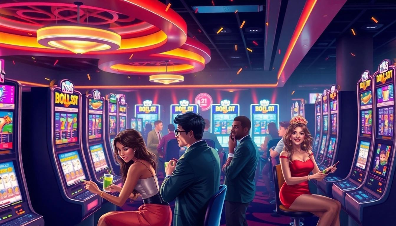 Dynamic casino scene with players at doaslot machines, showcasing anticipation and excitement in a vibrant setting.