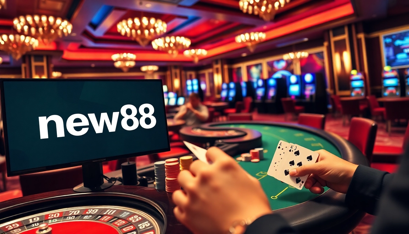 Engaging casino scene showcasing new88 logo with poker tables and excitement.