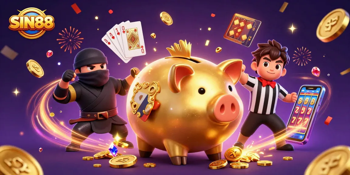 SIN88 brings luck with a sumo wrestler and ninja in a vibrant casino-themed illustration.