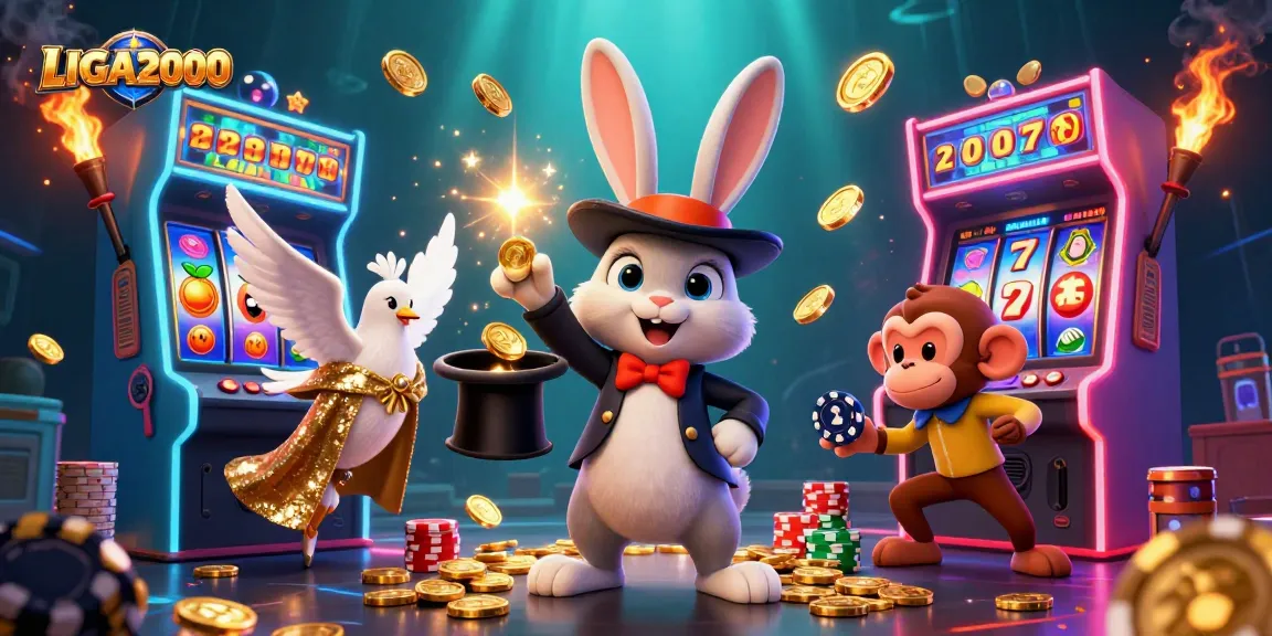 LIGA2000 menampilkan adegan kasino yang whimsical dengan pesulap menarik koin dan burung merpati berkilau.