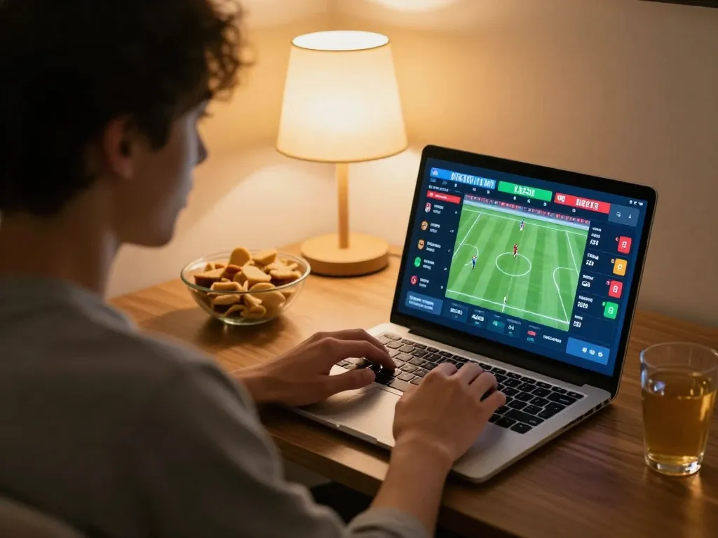 Mengikuti Skor Langsung selama sesi taruhan olahraga di rumah yang mendebarkan dengan fokus pada laptop.