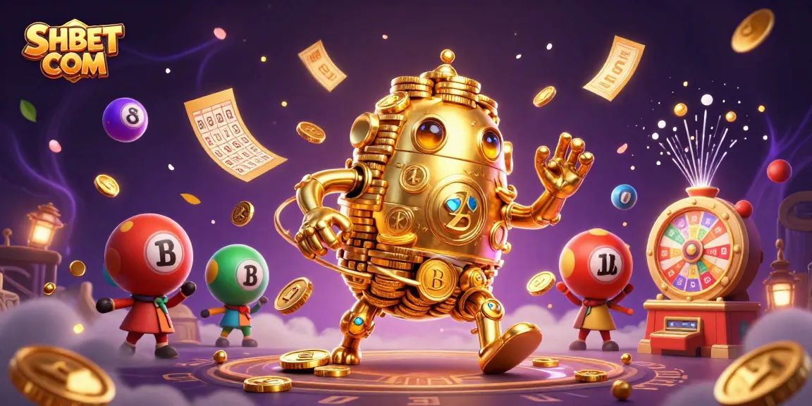 Join the excitement with SHBET COM's lively illustrations of a golden golem, lottery balls, and prizes.