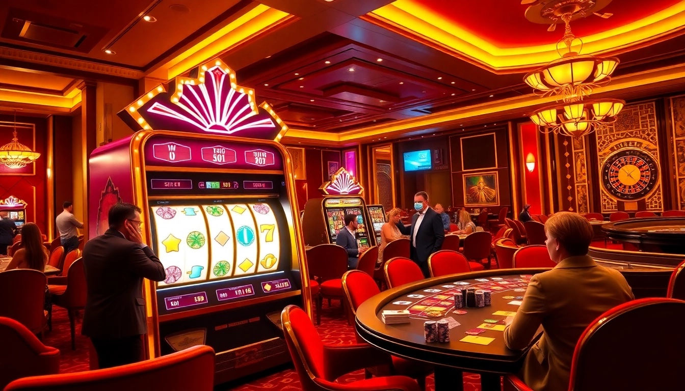 Engaging players explore slot gacor games at a luxurious casino with vibrant slot machines and betting excitement.