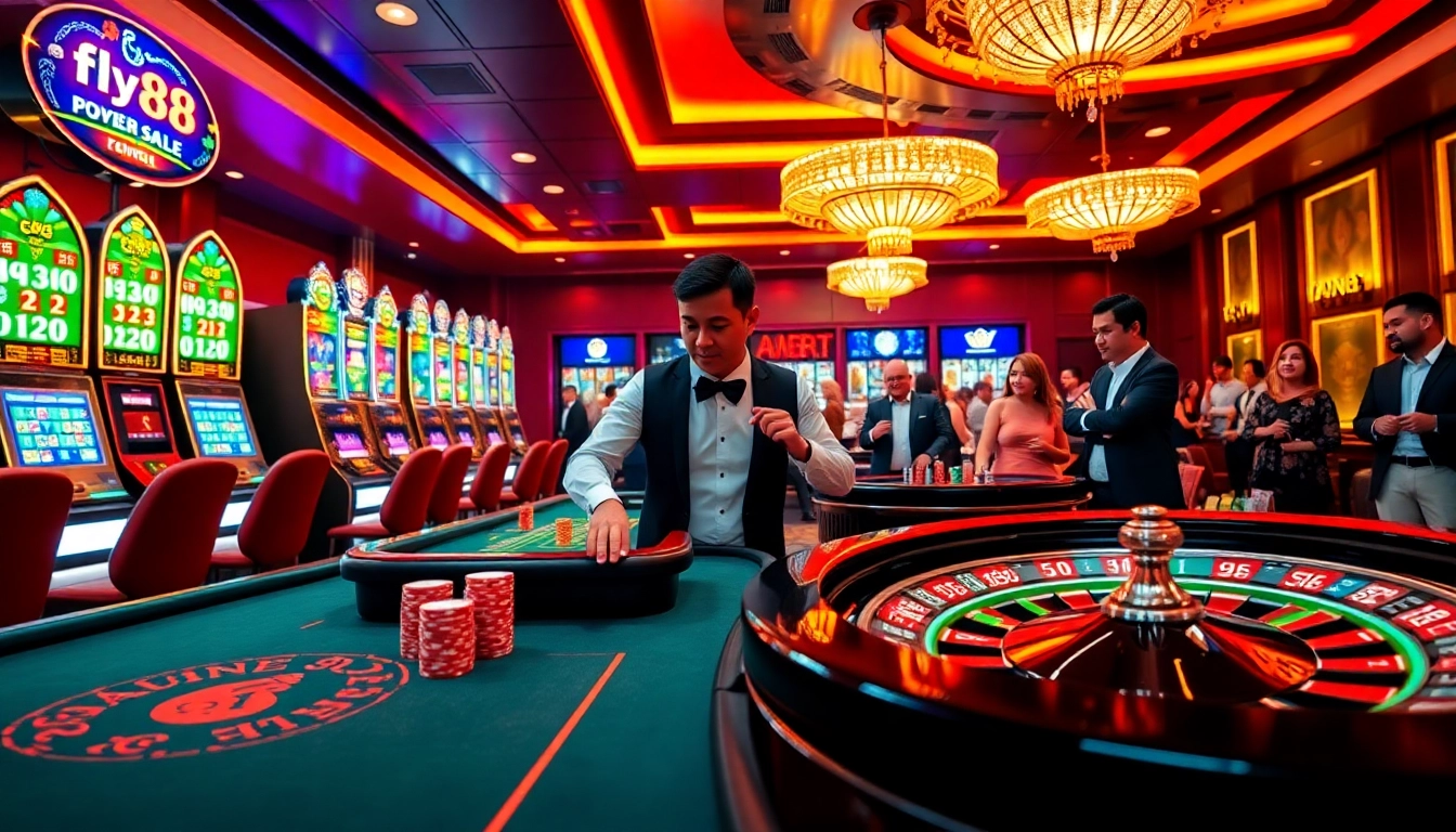 Experience Fly88's vibrant casino with top gaming action, luxurious decor, and thrilling atmosphere.