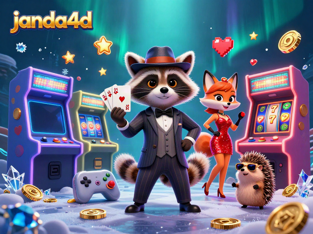 Penggertak rakun dengan royal flush dan teman-teman di janda4d, dikelilingi mesin slot 3D yang warna-warni.