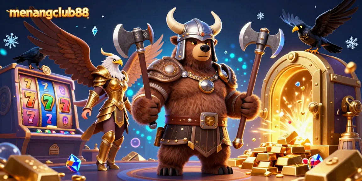 Experience the thrill of menangclub88 with an epic illustration of a Viking bear, Valkyrie eagle, and glowing treasures in a casino.