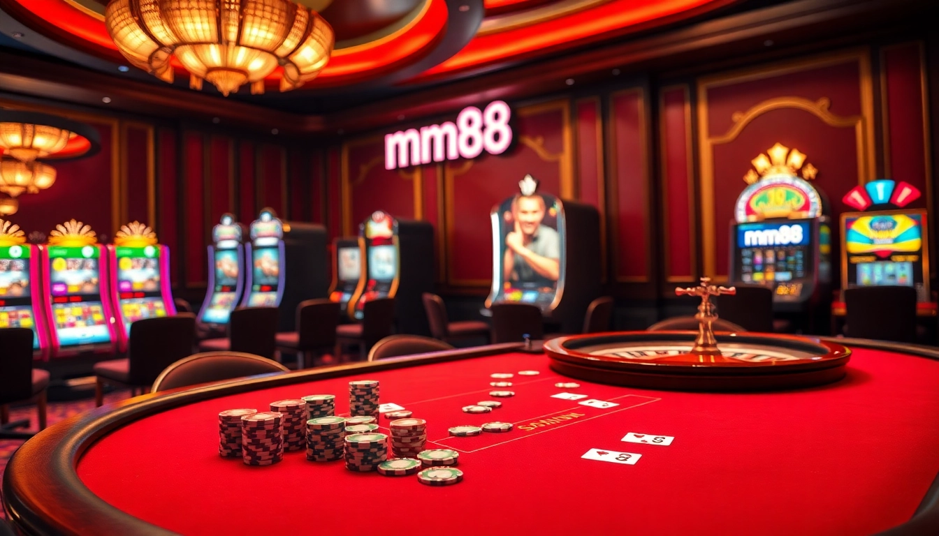 Play exciting games at mm88 casino with vibrant poker tables and lively slot machines.