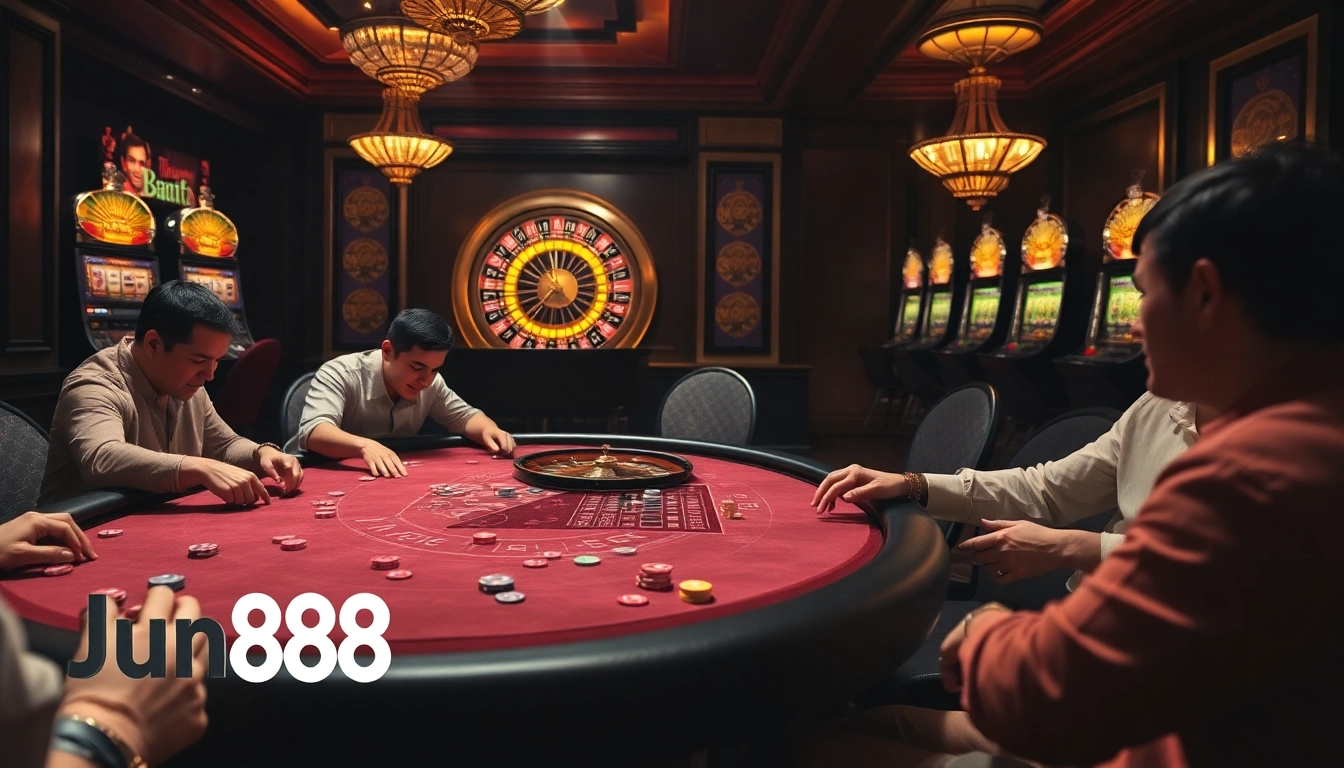 Experience the thrill of winning at Jun88 casino with vibrant poker chips and glowing roulette wheels.
