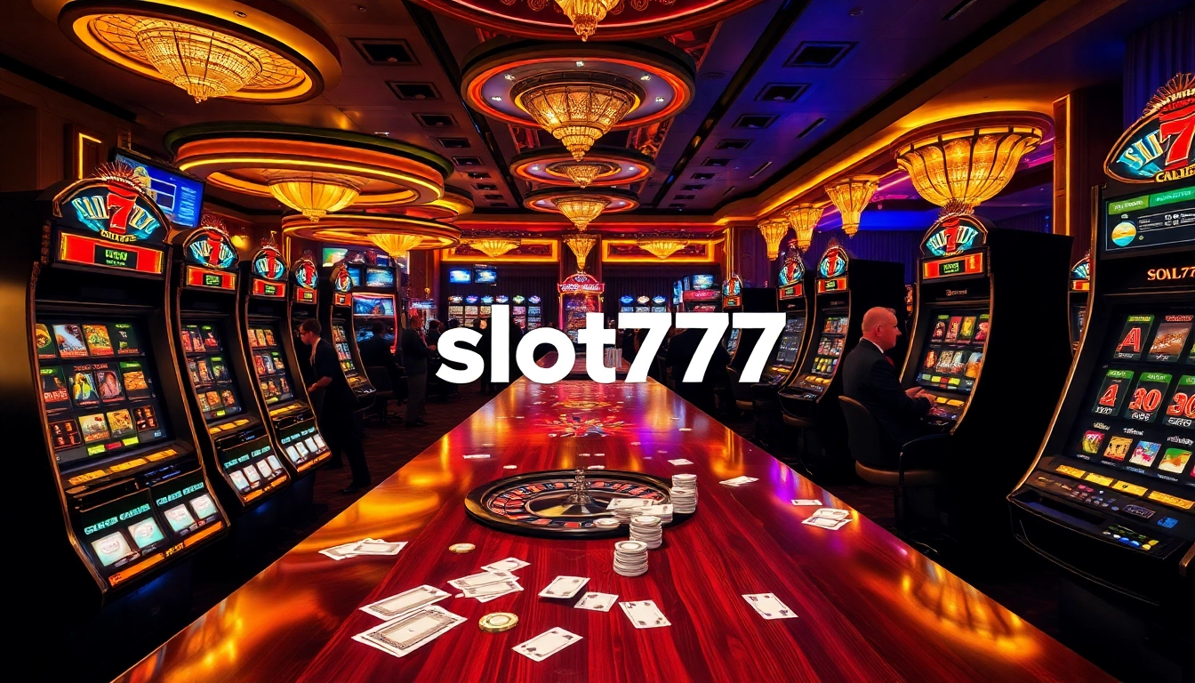 Players celebrate their wins at slot777 machines in a vibrant casino setting, surrounded by poker chips and roulette wheels.
