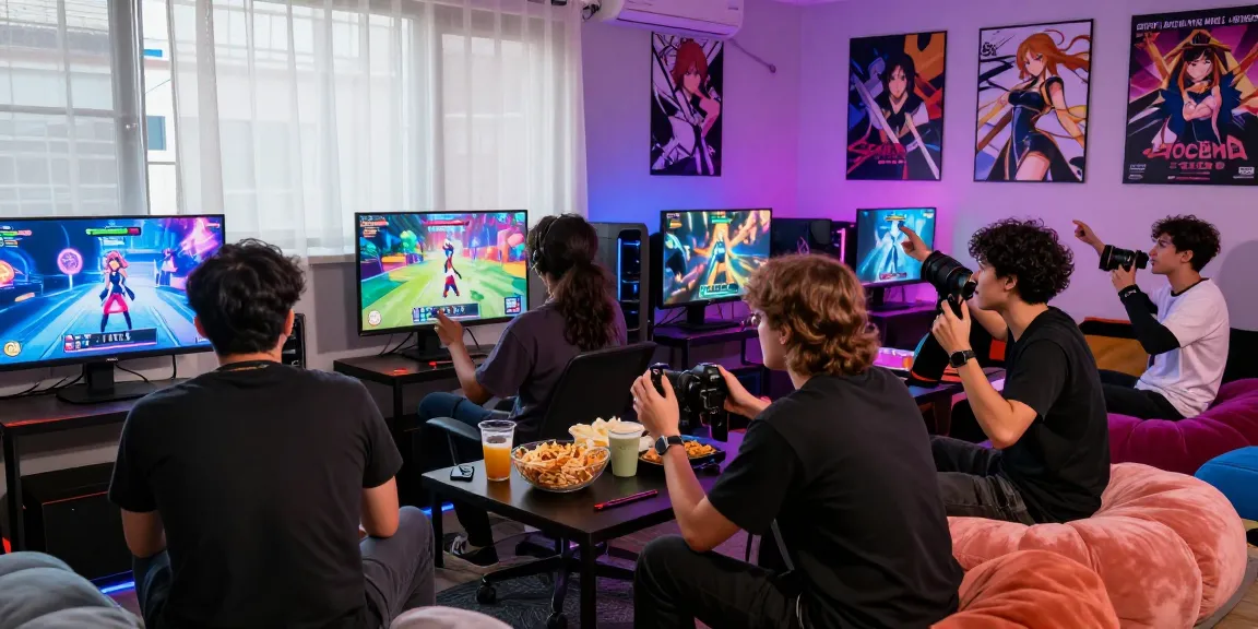Exciting group enjoying a hentai game in a vibrant gaming lounge.