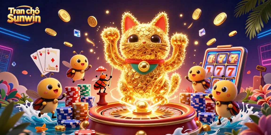 Engage in thrilling gameplay at Tran chủ Sunwin with dynamic casino visuals featuring lucky symbols and fireflies.