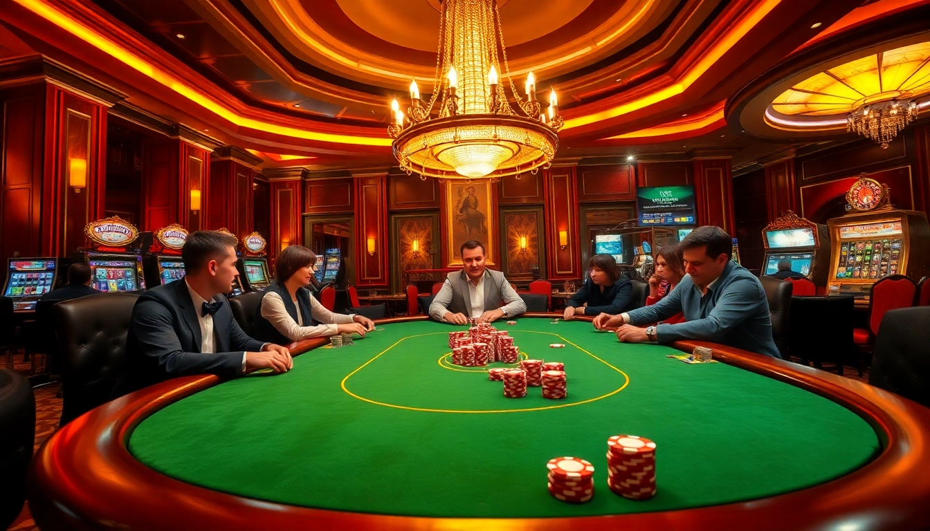 Engaged players strategize at a luxurious poker table in a vibrant bk888 casino scene.