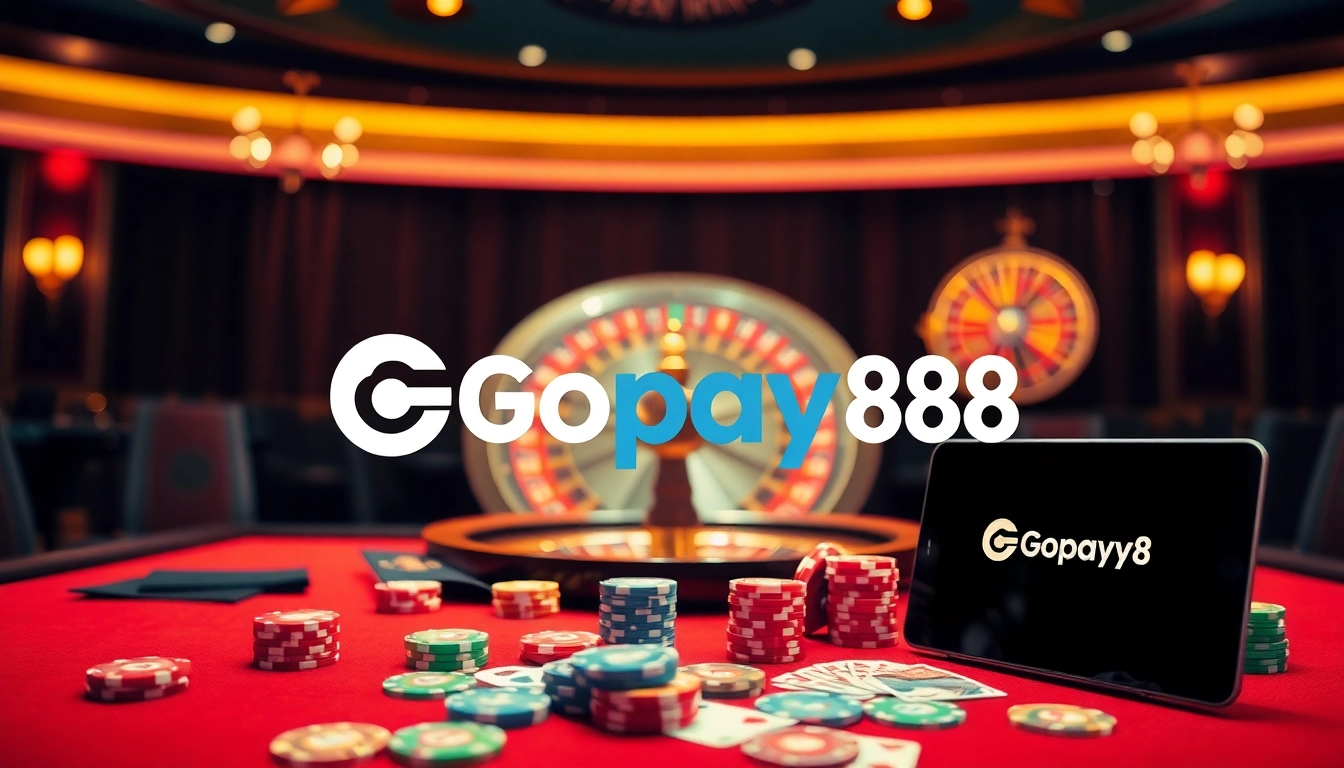 Experience the thrill of Gopay88 with poker chips and a glowing roulette wheel.