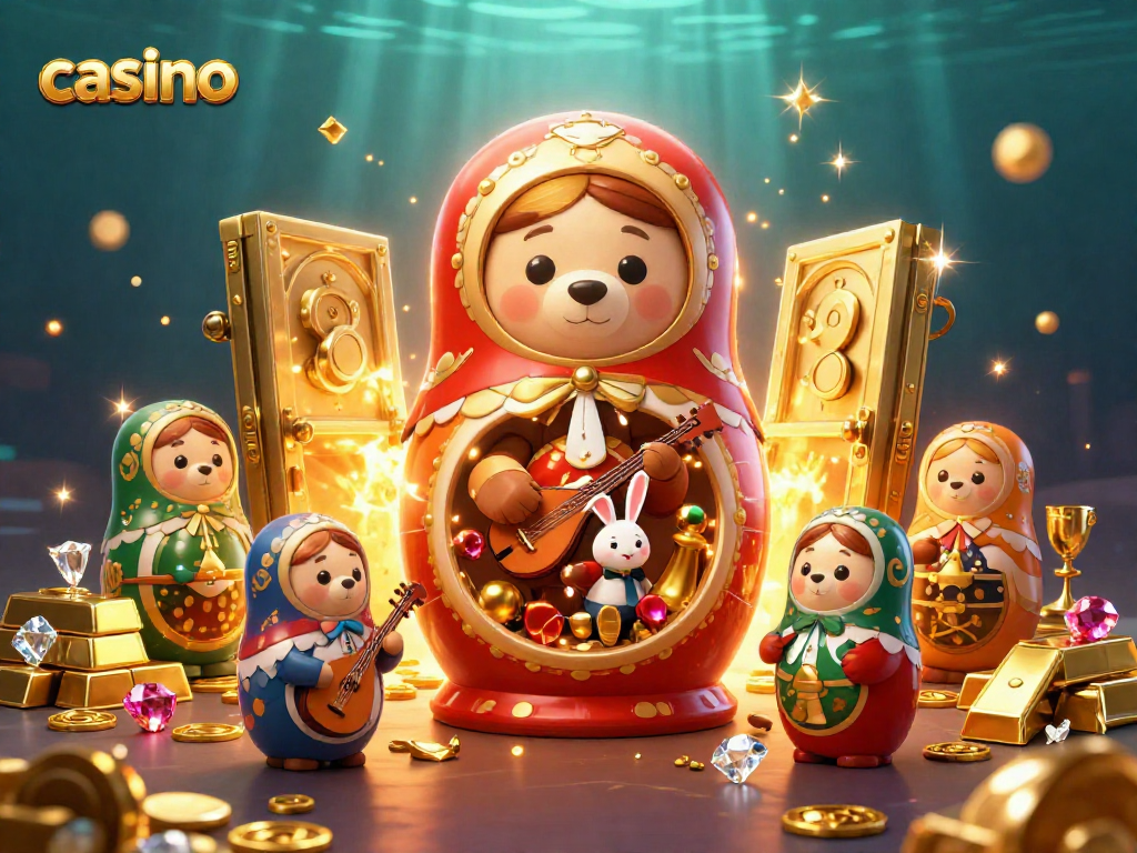 Engage with the casino excitement featuring a playful bear and vibrant treasures in this dynamic 3D illustration.