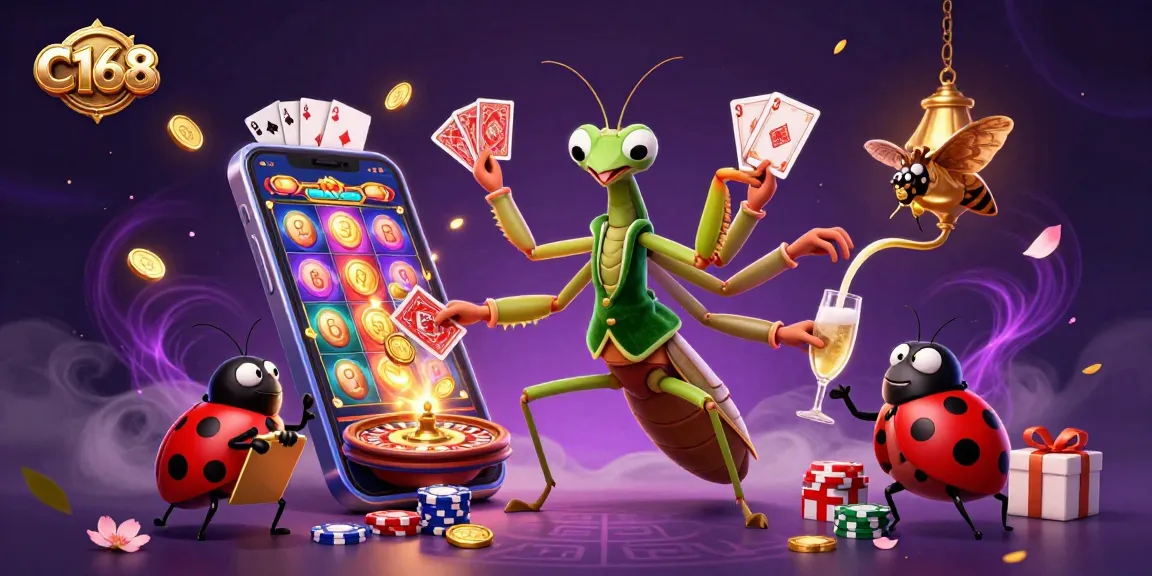 C168 casino experience featuring a giant praying mantis card sharp and ladybug pit boss in a vibrant 3D scene.