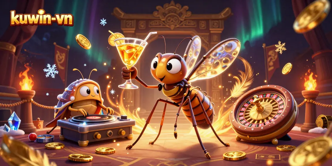 Engaging kuwin-vn casino scene with a frozen mosquito mascot, trilobite DJ, and golden roulette wheel.