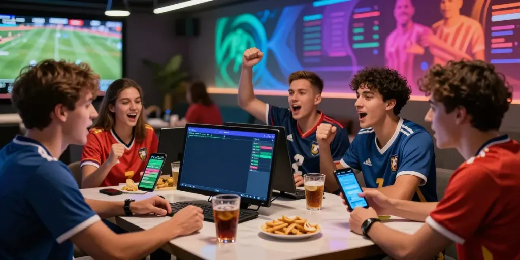 Excited group at a betting lounge enjoying live sports with statymuzona.lt.