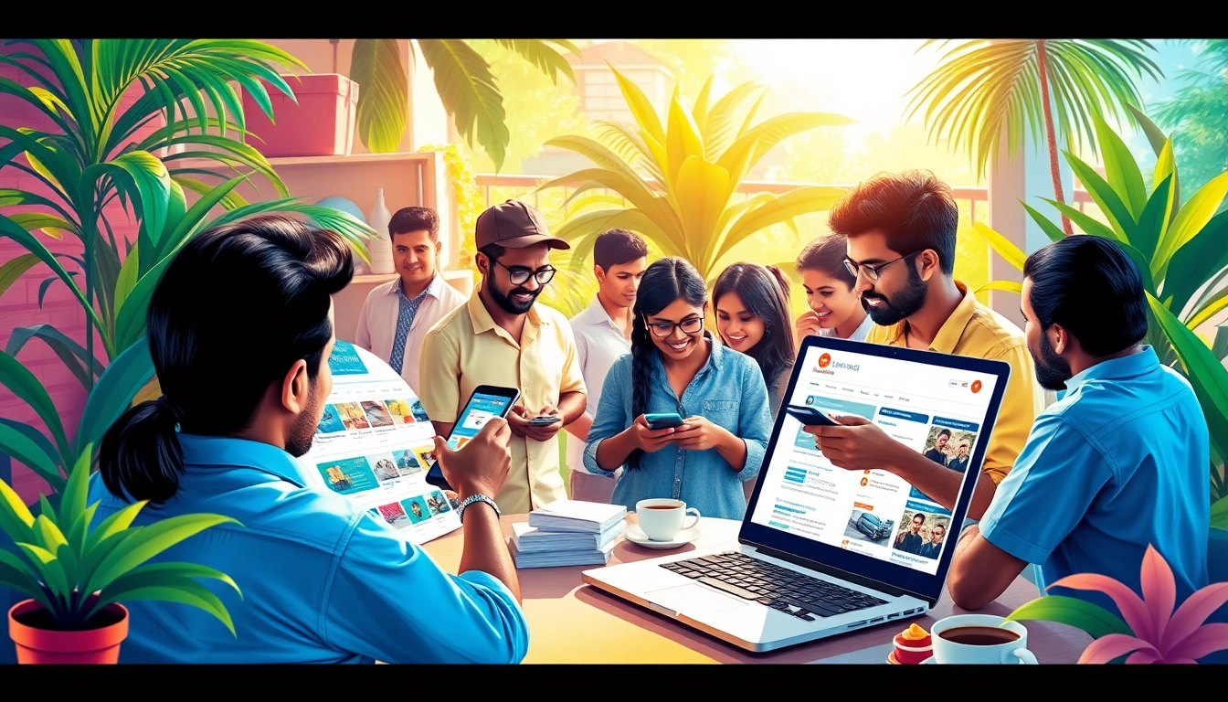 Lanka Add advertisement posting scene in a vibrant Sri Lankan marketplace, showcasing digital interactions and classified ads.