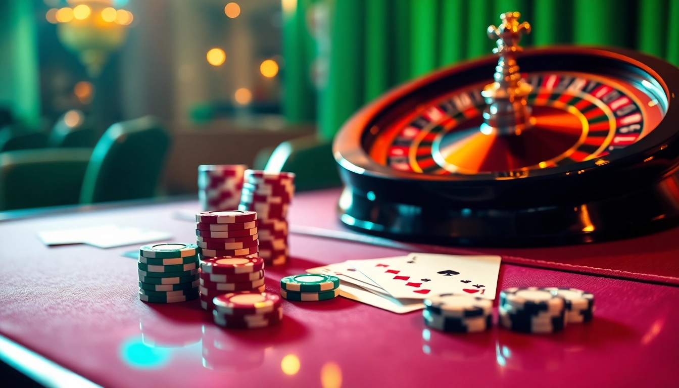Engage with the thrill of betting at bet88 with an upscale casino scene capturing poker chips and roulette excitement.