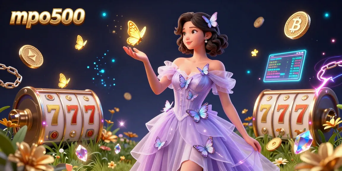 Bet on mpo500 with vibrant casino visuals of a stunning woman and rich slot elements.