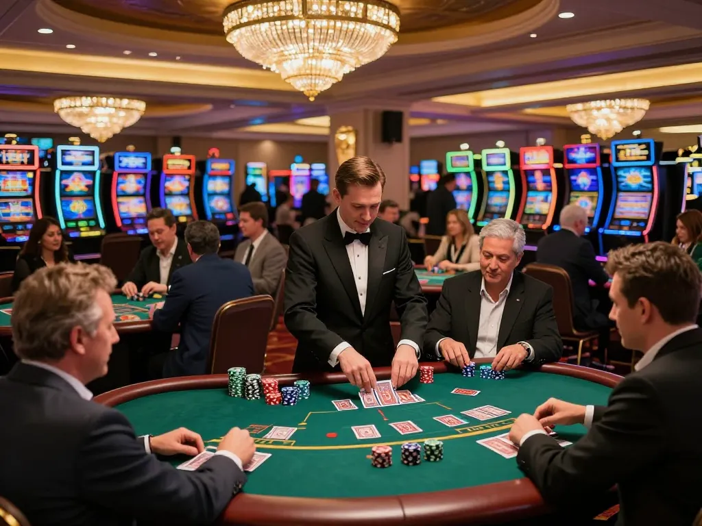 Engaging atmosphere with players enjoying ดูหนังออนไลน์ฟรี at a vibrant casino table, dynamic blackjack gameplay