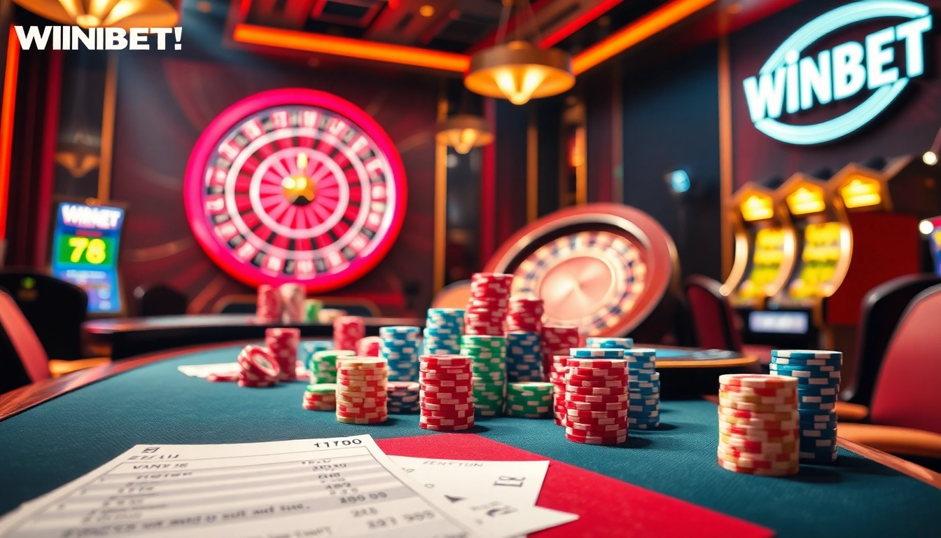 Players enjoying poker at a luxurious WINBET casino table, surrounded by vibrant slot machines.