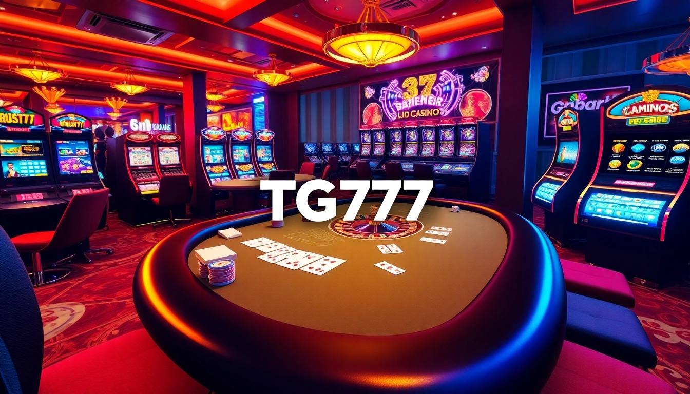 TG777 offers an exciting online gaming experience with vibrant casino tables and slot machines.