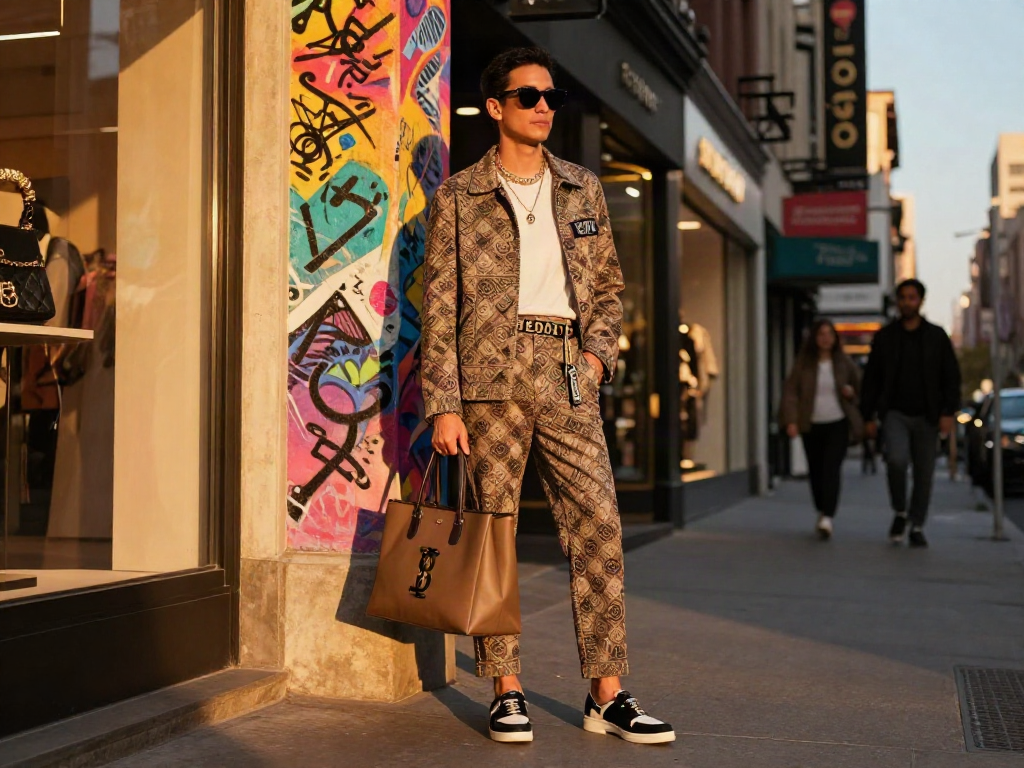 Gaya hidup mewah dengan fashion luxury111 di kota pada saat senja.