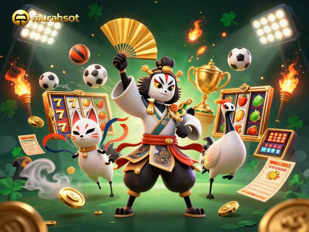 Raih kemenangan di murahslot dengan simbol slot, kemenangan besar, dan suasana ceria kasino.