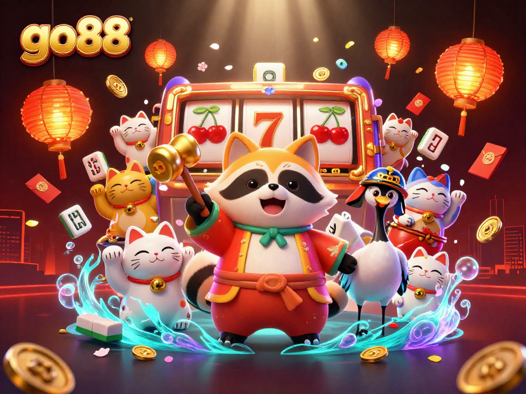 Experience the festive atmosphere with go88's vibrant 3D casino scene featuring lucky symbols and cheerful characters!