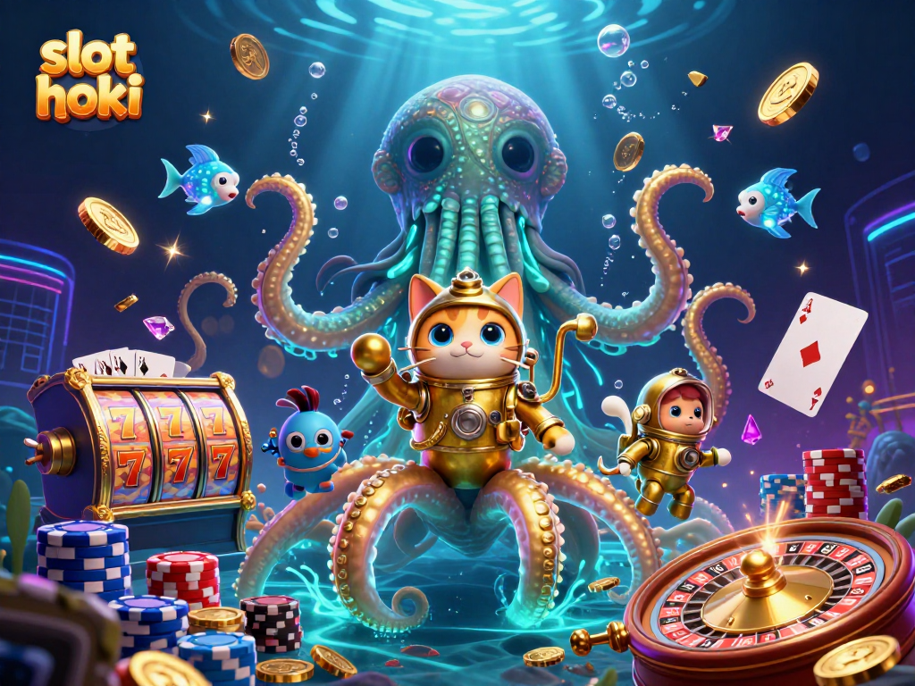 Experience slot hoki with a kraken and a diving cat amidst gold coins and vibrant casino elements.