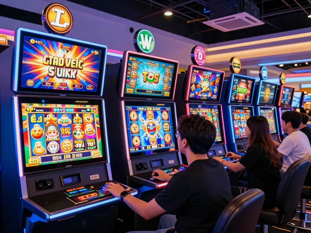 Ilustrasi menarik permainan slot online dengan pemain yang berinteraksi di kasino virtual modern.