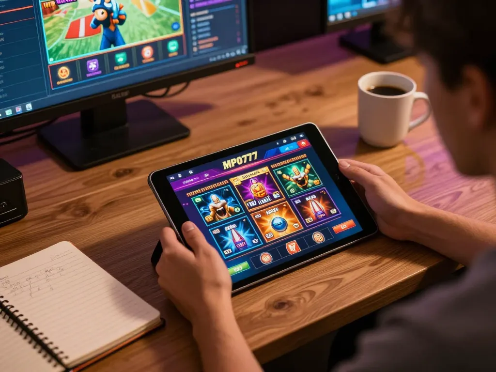 Pengguna MPO777 menikmati permainan online di tablet, menampilkan grafik permainan yang hidup dan catatan strategis