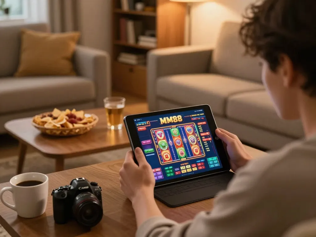 Engaged player enjoying MM88 online casino experience on a tablet in a cozy home setting