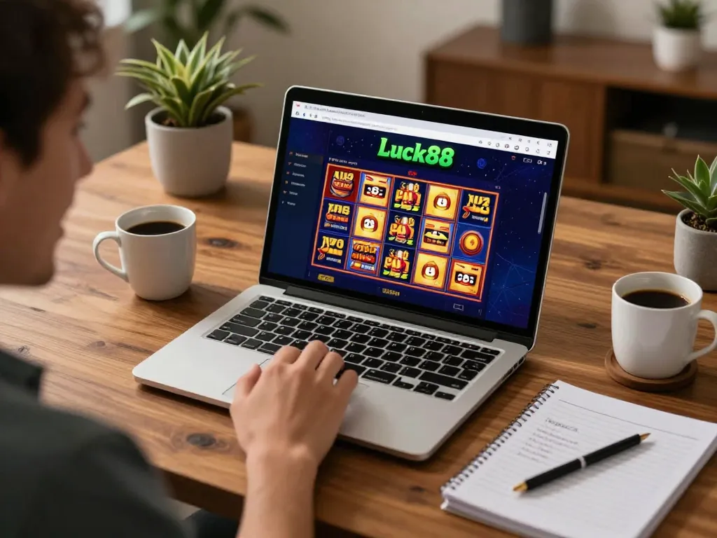 Engaged player enjoying Luck88 slot game on their laptop at home.