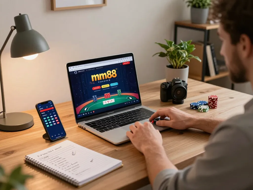 Engage with mm88 features in a cozy home gaming setup with poker displayed on a sleek laptop.