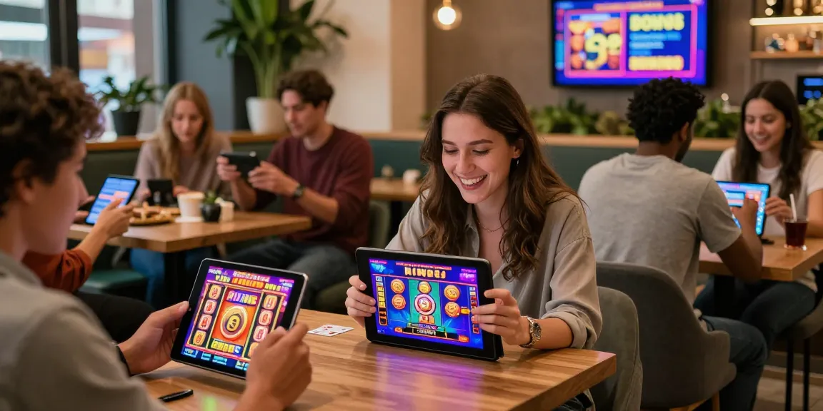 Players enjoying new online casinos UK games on mobile devices in a lively cafe setting.