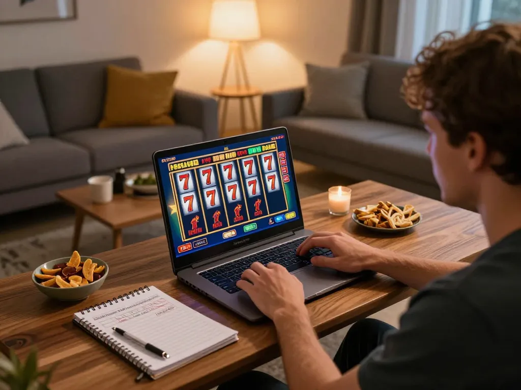 Player spinning the reels in a thrilling slot 777 game online at home with cozy ambiance.