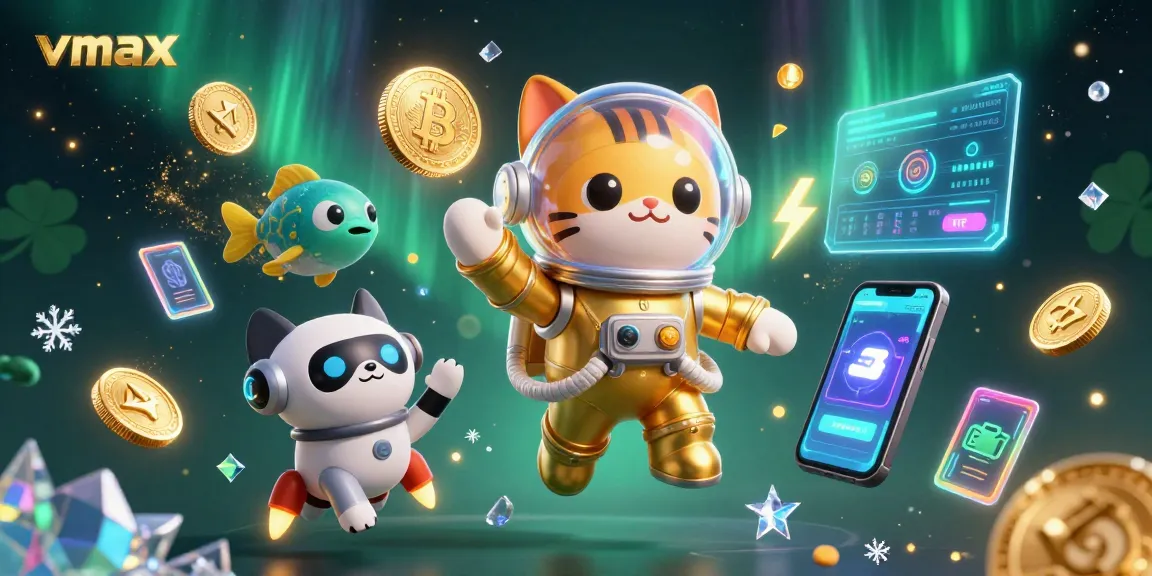 Engage with vmax in a dynamic 3D casino scene featuring an astronaut cat, robot dog, and alien creatures.