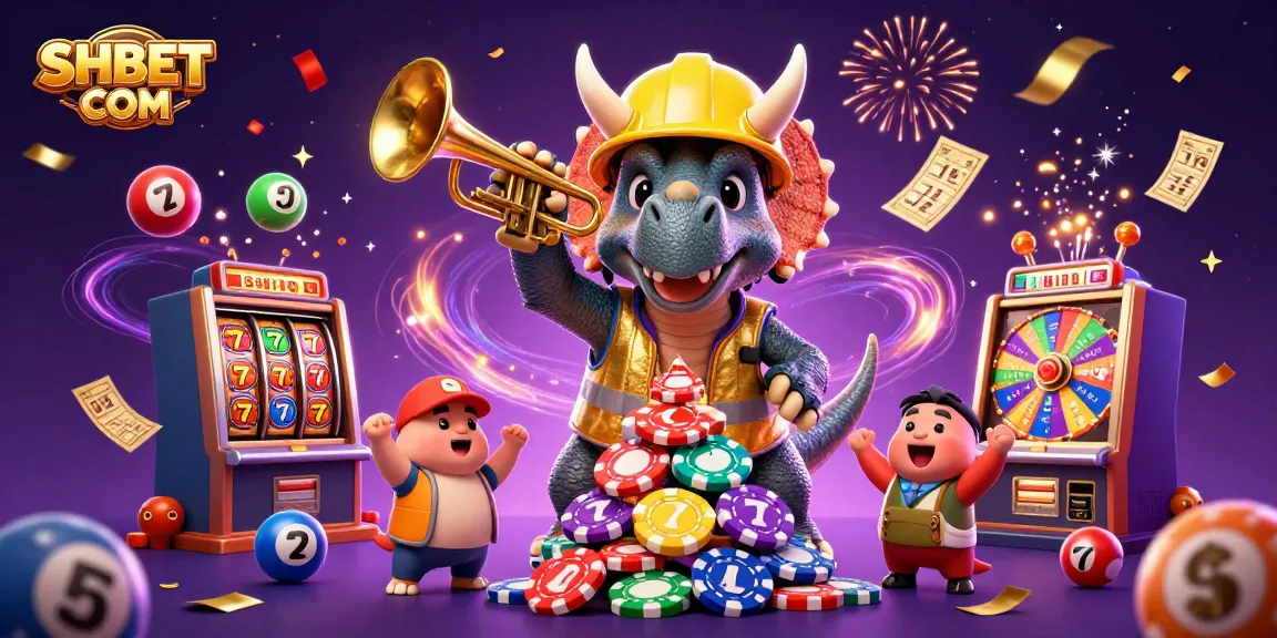 Win big with SHBET COM in a vibrant 3D illustration of casino characters celebrating around jackpot symbols.