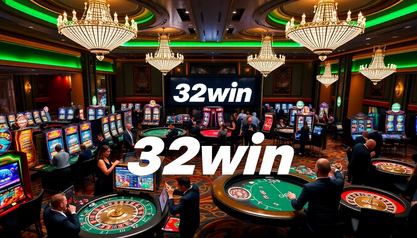 Exciting gaming action at 32win casino featuring poker tables and slot machines.