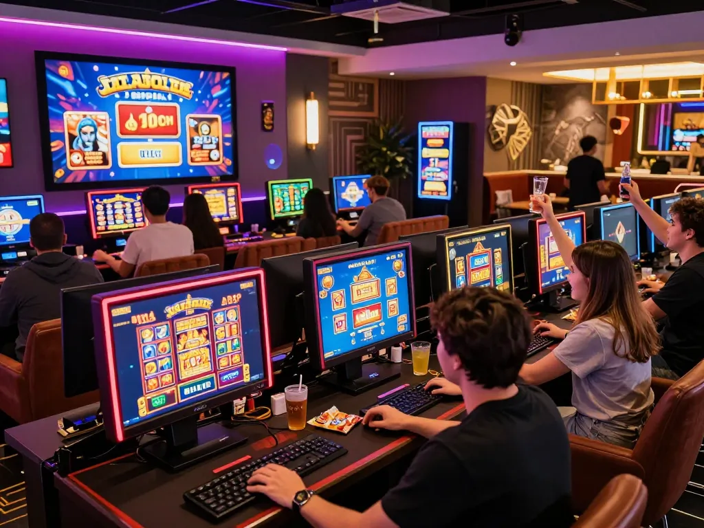 Engaging gaming atmosphere at https://god55.gg/ capturing players enjoying online casino games with vibrant decor.